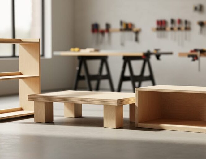 A clean workshop scene showing a 4x8 plywood sheet staged for beginner furniture projects like a bookshelf frame, coffee-table top, and storage-bench base.