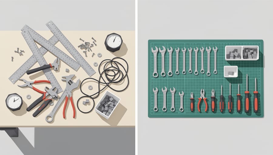 Cluttered woodworking bench with scattered fasteners and sanding dust illustrating wasted time from poor organization