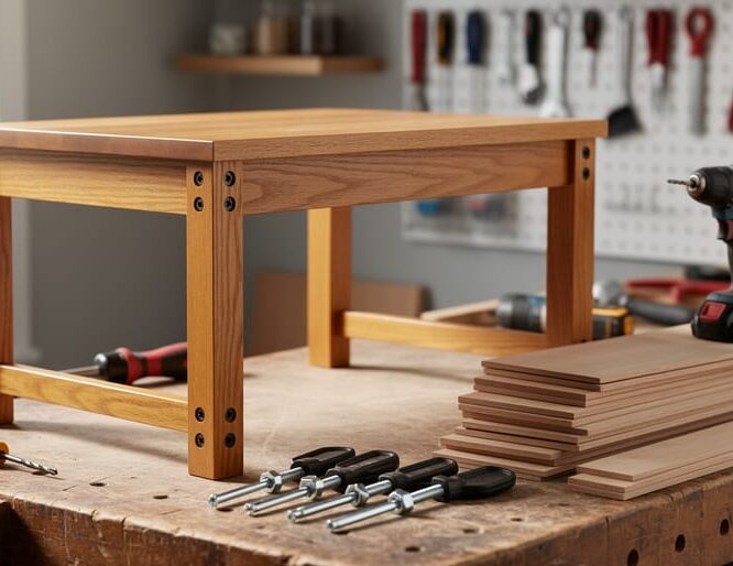 “Wooden side table assembly on a workshop bench with pocket-screw joints, stacked boards, and a drill/driver ready for an efficient build”