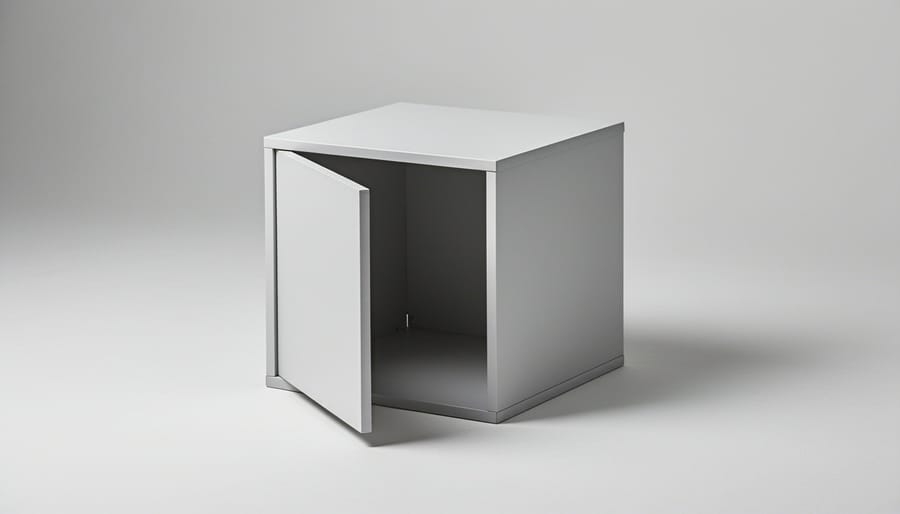 Finished plywood storage cube with smooth sanded surfaces in a workshop