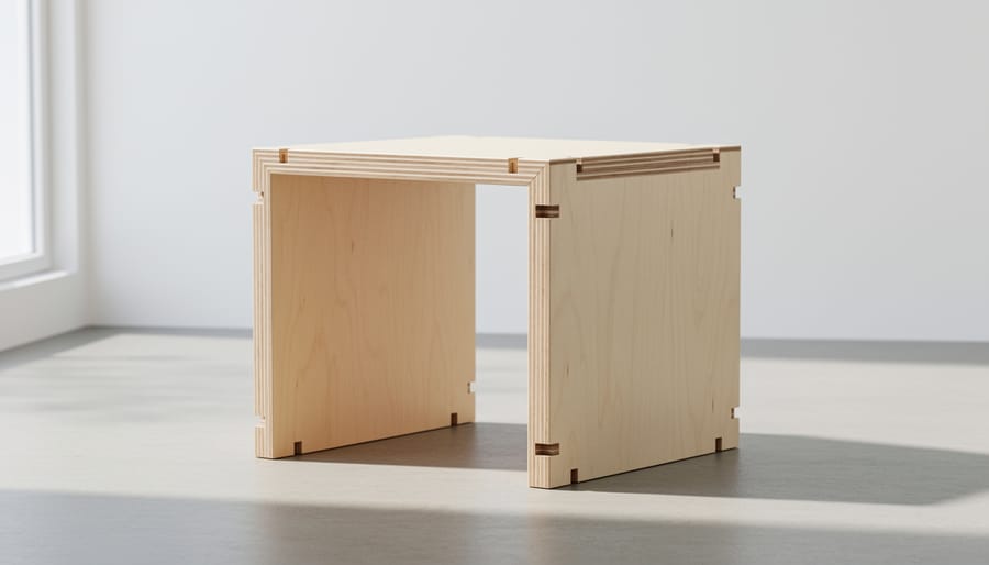 Modern plywood side table with integrated shelf in a workshop under warm light
