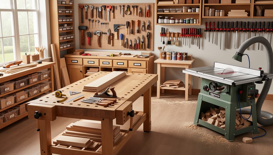 Organized woodworking workbench with tools like a miter saw, clamps, square, and tape measure arranged neatly