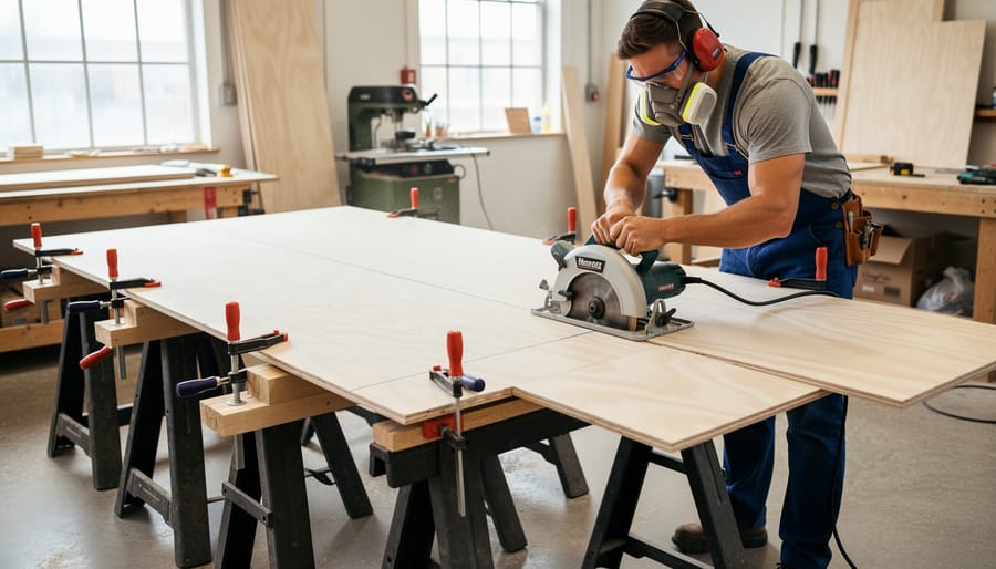 Person wearing safety gear using a circular saw to cut a large plywood sheet supported on sawhorses