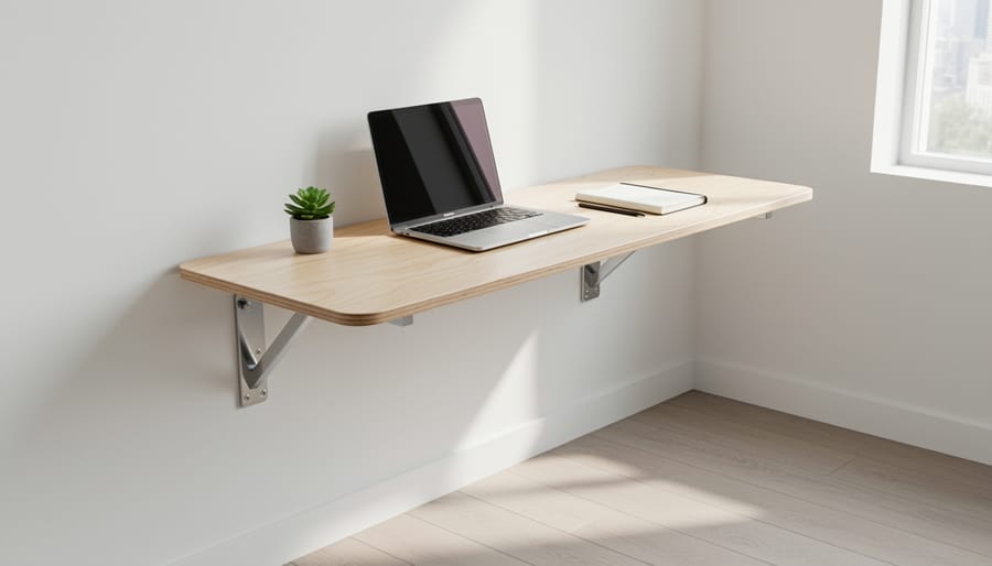 Wall-mounted plywood desk installed on a studded wall with visible mounting hardware