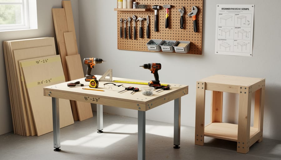 Beginner workbench with precut lumber, measuring tape, glue, screws, and clamps arranged for no-saw furniture building