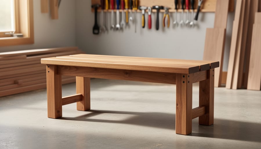 Finished beginner wooden bench made from precut lumber in a sunlit home setting