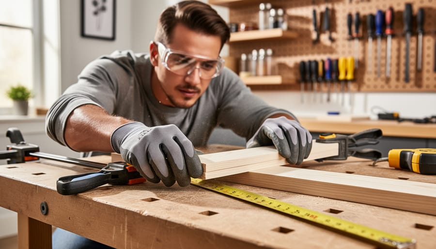 Person wearing safety glasses and gloves aligning precut lumber pieces on a workbench