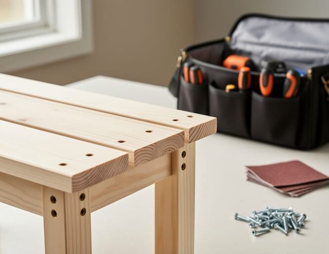 Partially assembled wooden side table made from precut dimensional lumber on a clean work surface, with pre-drilled holes, screws, and basic woodworking supplies nearby.