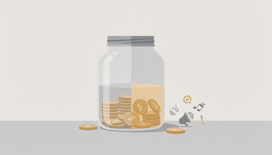 Coin jar beside a notebook and pencil symbolizing a personal entertainment budget