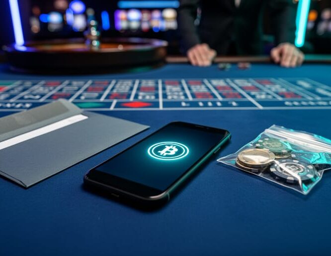 “Smartphone and crypto tokens on a casino table under neon lighting, representing secure betting and planned withdrawal.”