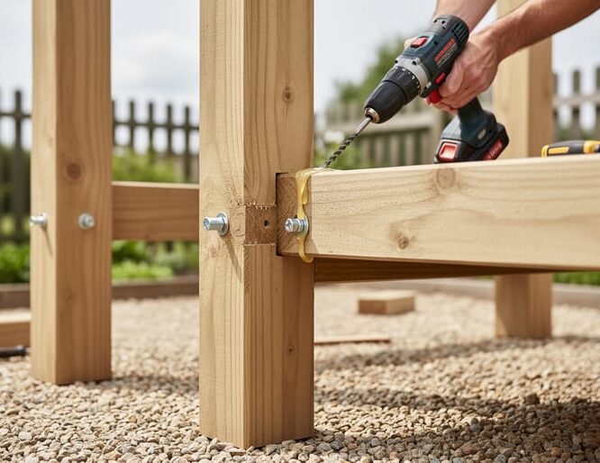 Outdoor garden bench built from thick 4x4 lumber with a visible drill and wood glue during assembly.