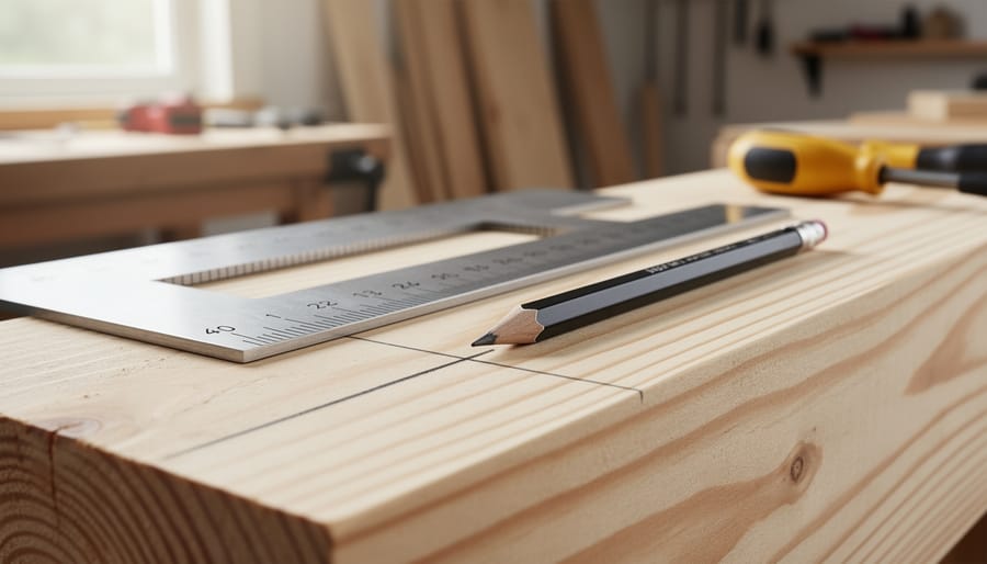 Carpenter’s square and pencil marks aligned on the corner of two 4x4 beams