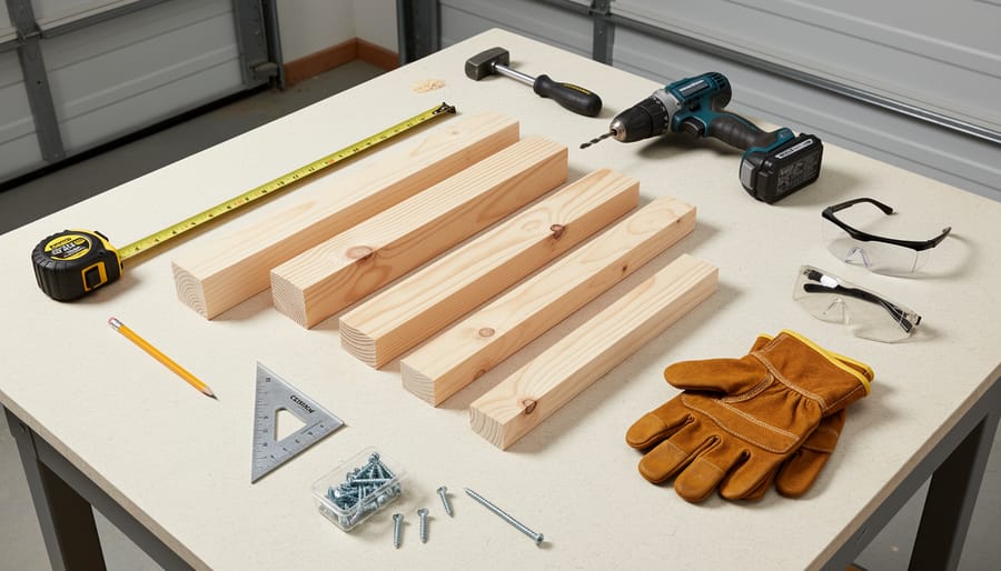 Beginner-friendly tools and precut 4x4 lumber arranged on a workbench