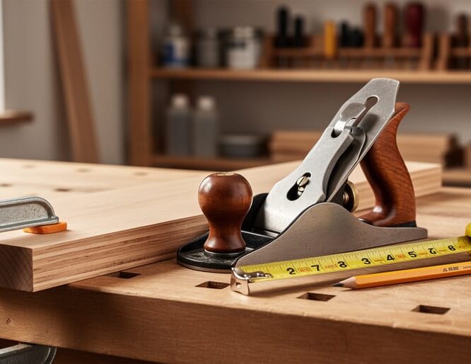 Close-up of a clutter-free woodworking workbench with a clamped wooden board, a hand plane, and a measuring tape laid out neatly.