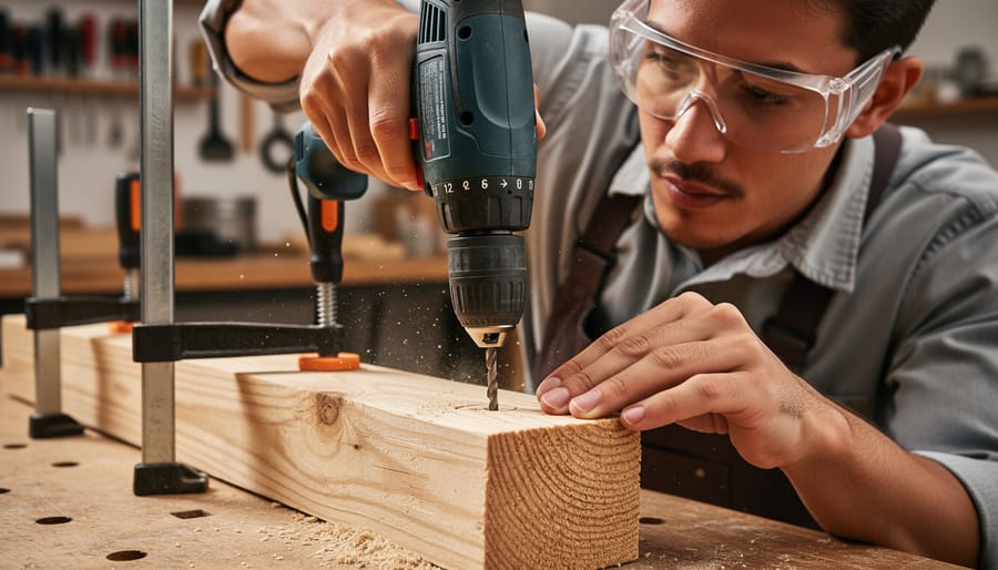 Safety glasses on while drilling a clamped 4x4 beam in a workshop