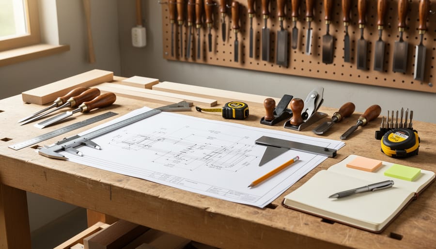 Woodworking workbench with a hand plane, clamped wooden board, and measuring tape in a tidy setup